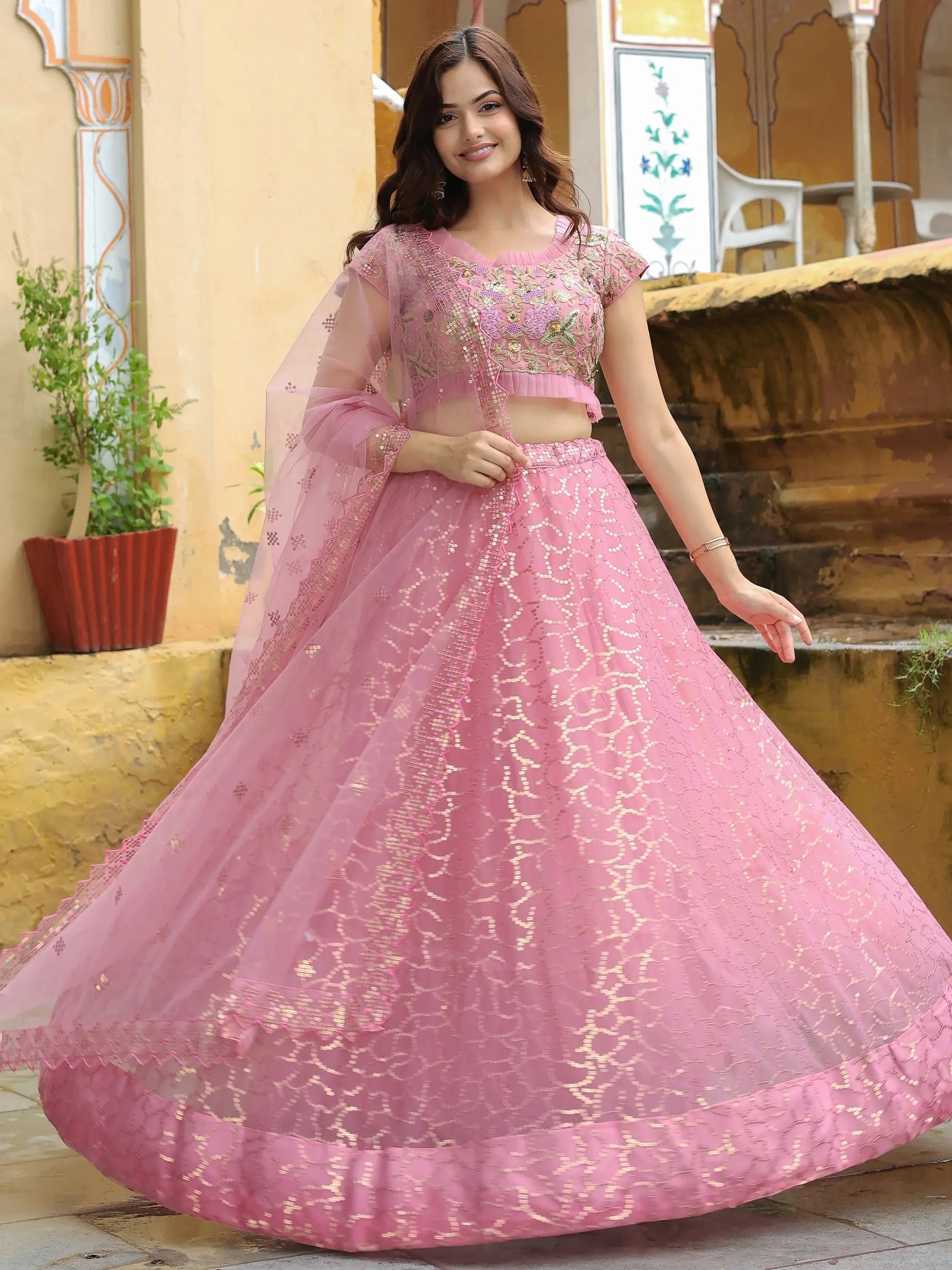 Adorable Pink Sequins Net Engagement Wear Lehenga Choli With Dupatta - Zeel Clothing