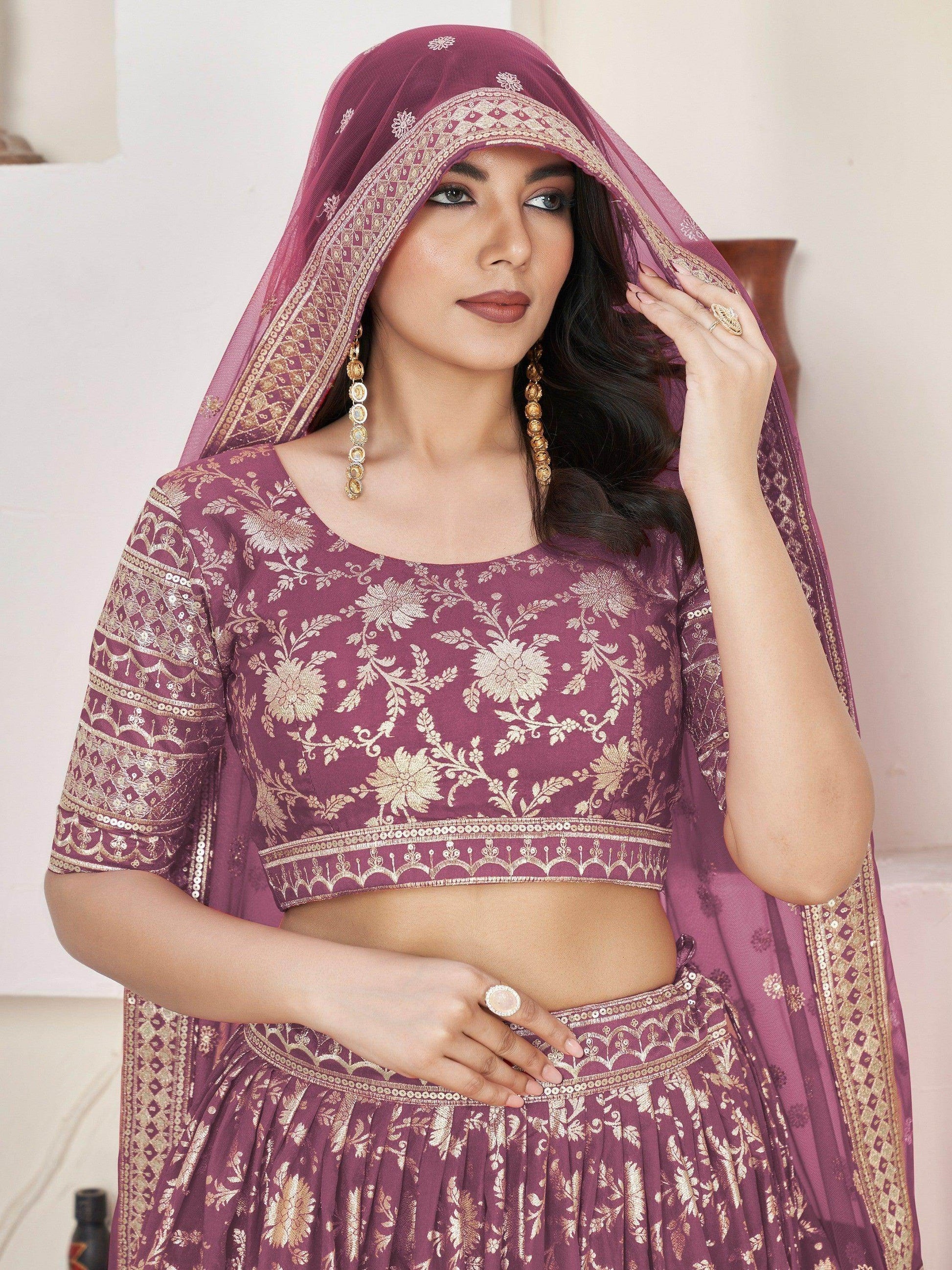 Adorable Purple Zari Work Jacquard Lehenga Choli With Dupatta - Zeel Clothing
