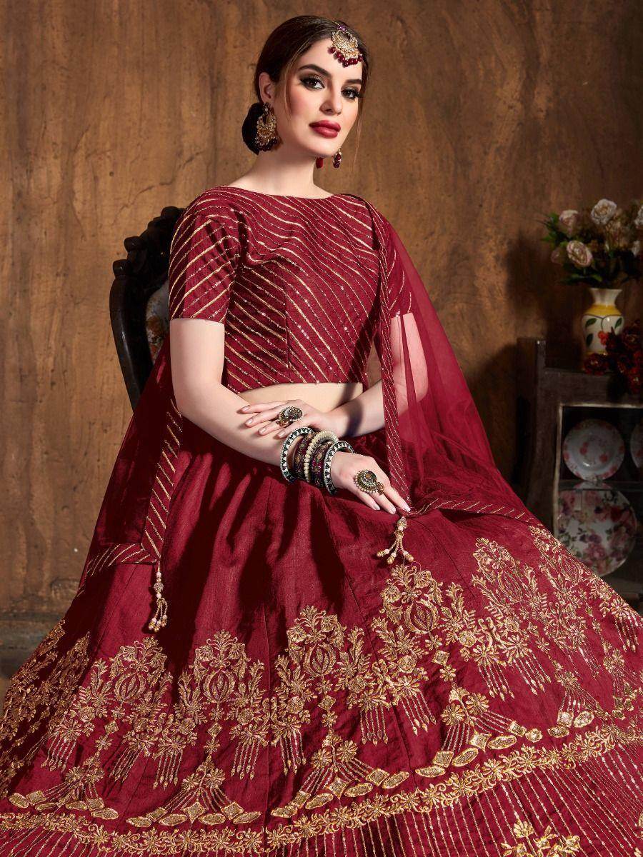 Adorable Red Embroidered Art Silk Wedding Wear Lehenga Choli - Zeel Clothing