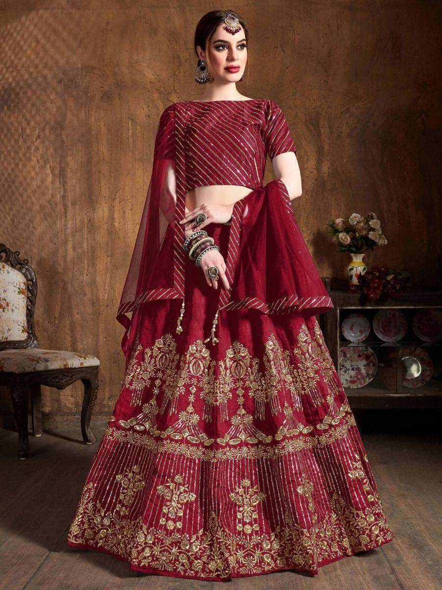 Adorable Red Embroidered Art Silk Wedding Wear Lehenga Choli - Zeel Clothing