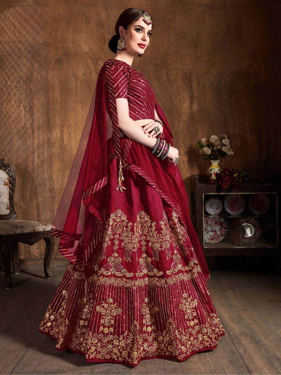 Adorable Red Embroidered Art Silk Wedding Wear Lehenga Choli - Zeel Clothing