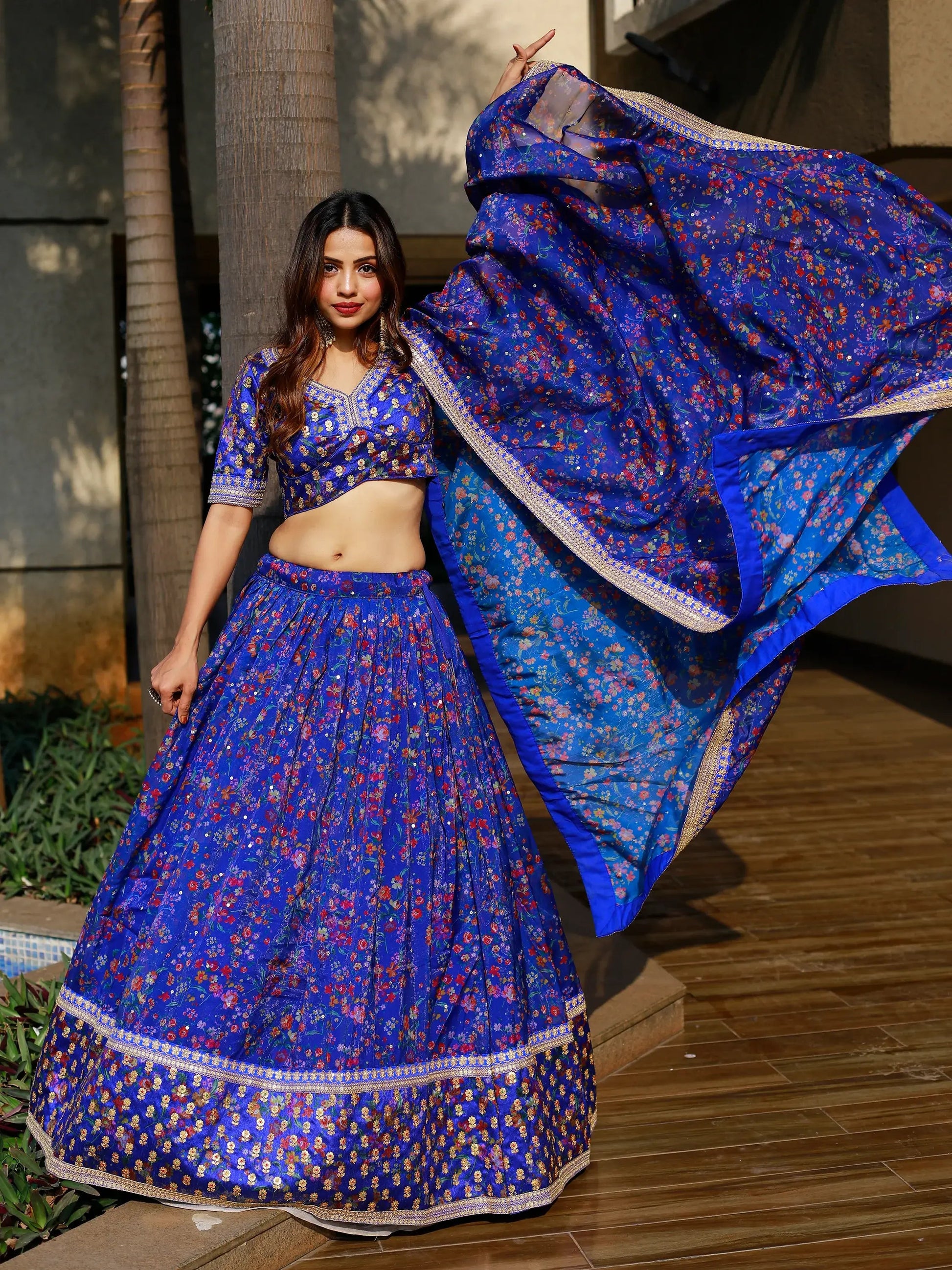 Adorable Royal Blue Floral Printed Organza Lehenga Choli With Dupatta - Zeel Clothing