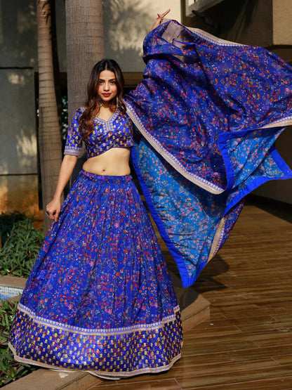 Adorable Royal Blue Floral Printed Organza Lehenga Choli With Dupatta - Zeel Clothing