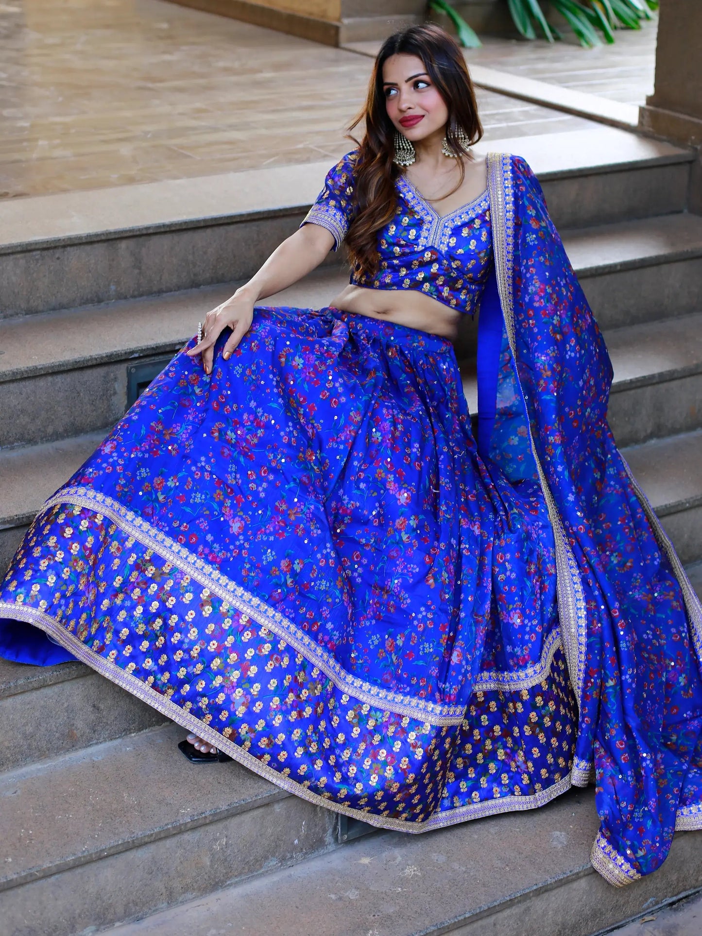 Adorable Royal Blue Floral Printed Organza Lehenga Choli With Dupatta - Zeel Clothing