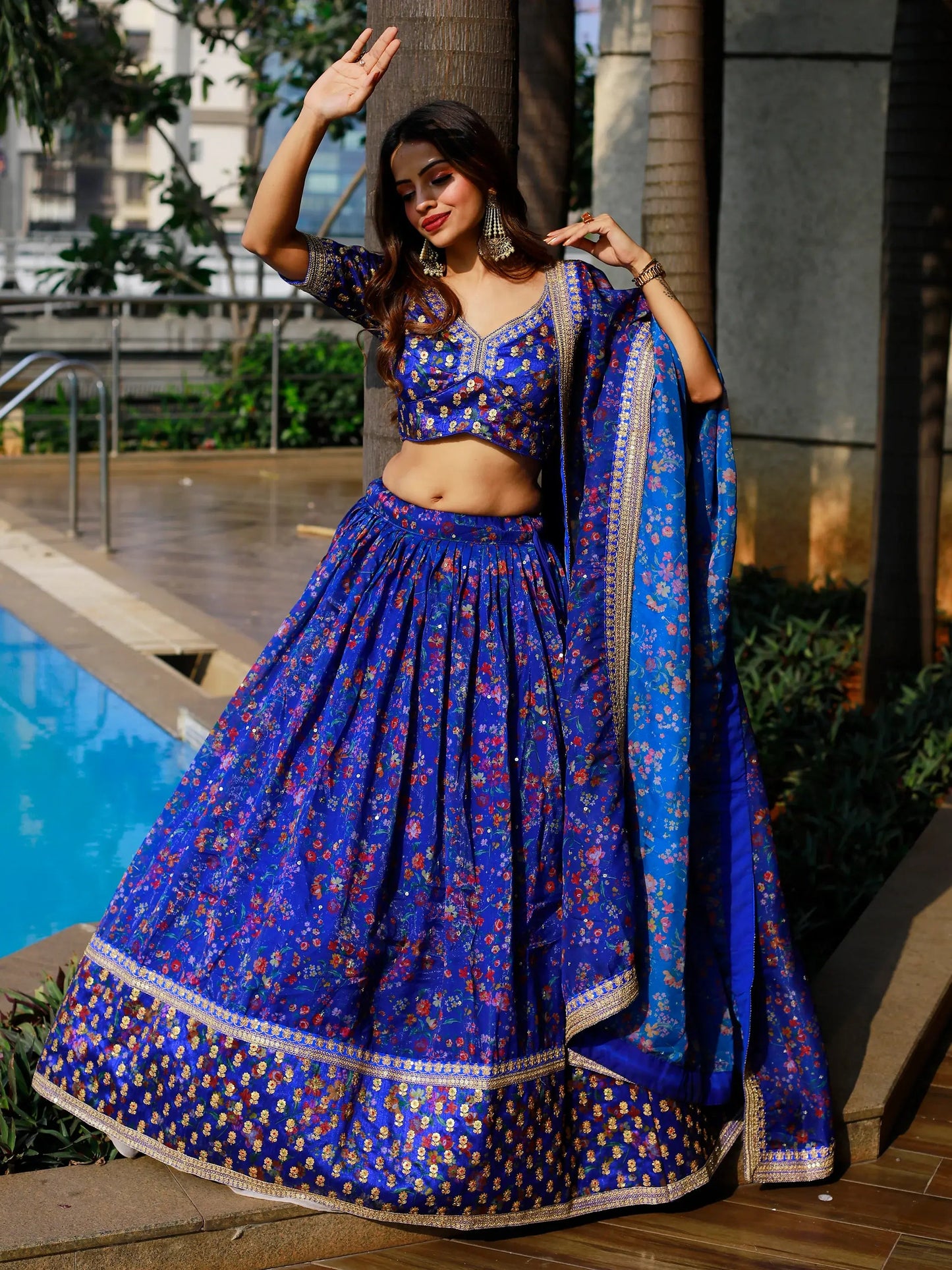 Adorable Royal Blue Floral Printed Organza Lehenga Choli With Dupatta - Zeel Clothing