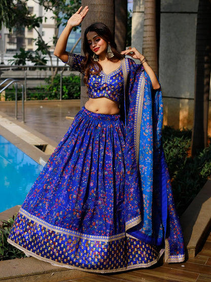 Adorable Royal Blue Floral Printed Organza Lehenga Choli With Dupatta - Zeel Clothing
