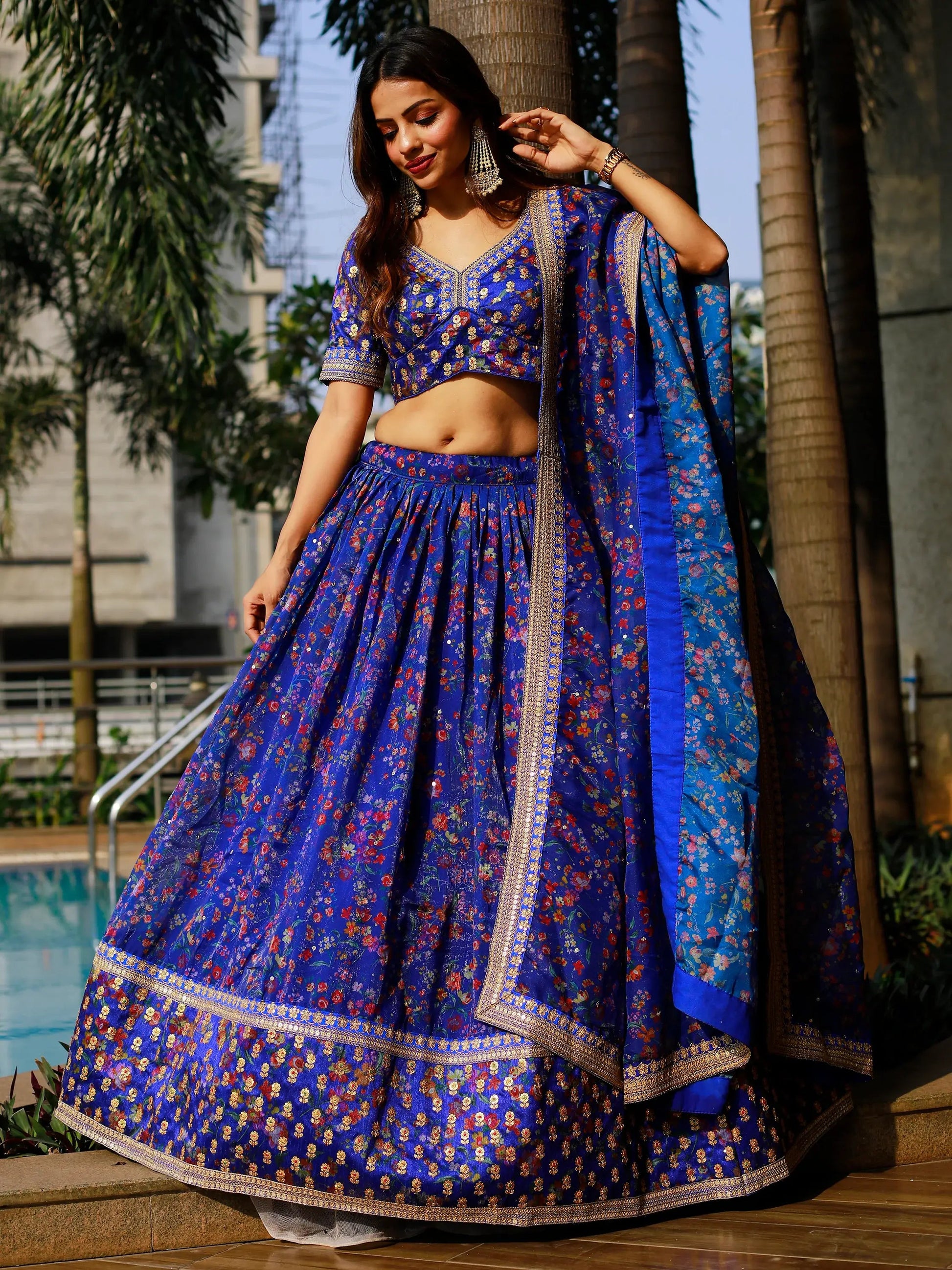 Adorable Royal Blue Floral Printed Organza Lehenga Choli With Dupatta - Zeel Clothing