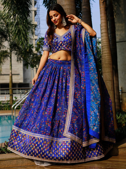 Adorable Royal Blue Floral Printed Organza Lehenga Choli With Dupatta - Zeel Clothing