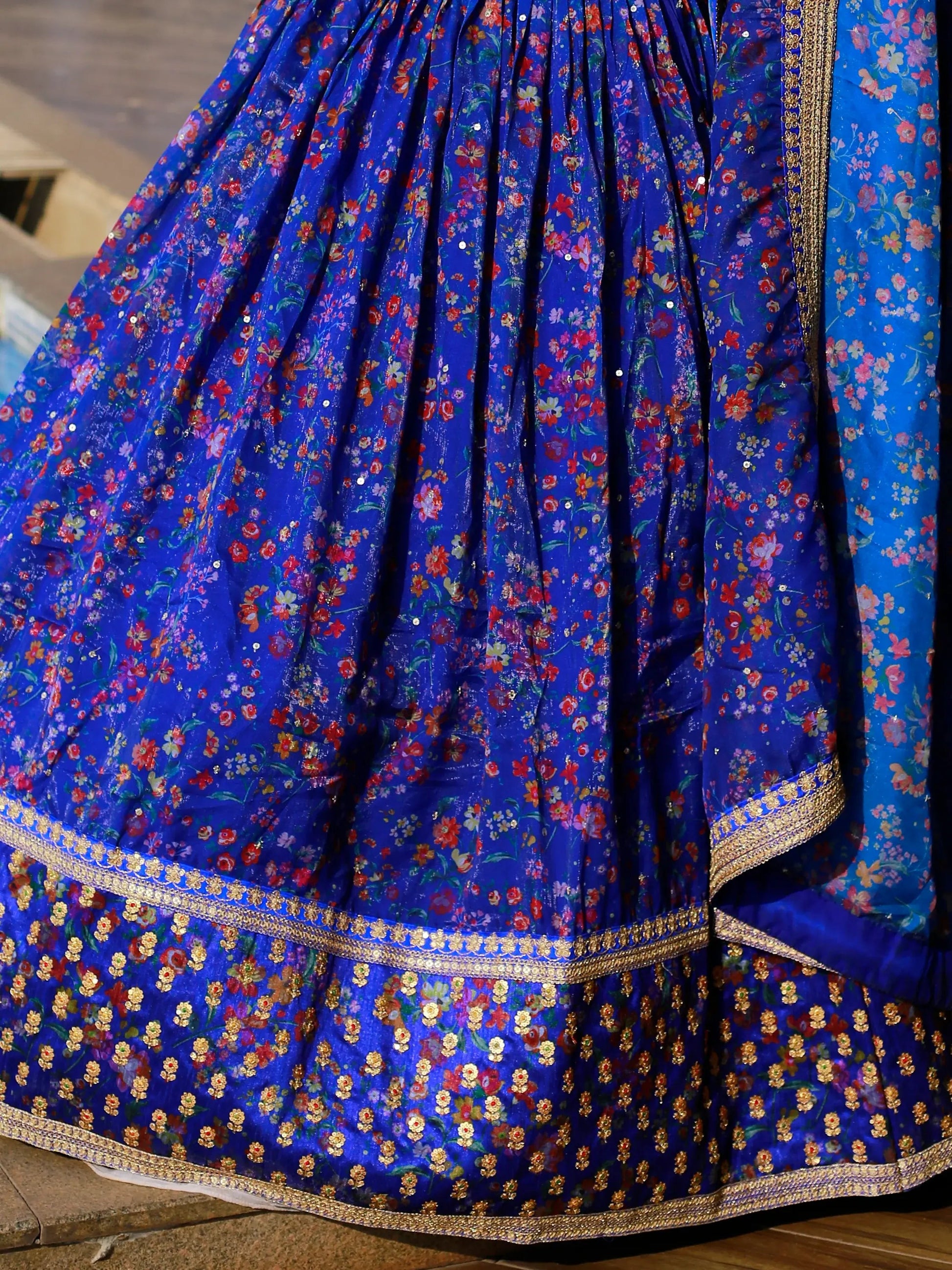 Adorable Royal Blue Floral Printed Organza Lehenga Choli With Dupatta - Zeel Clothing
