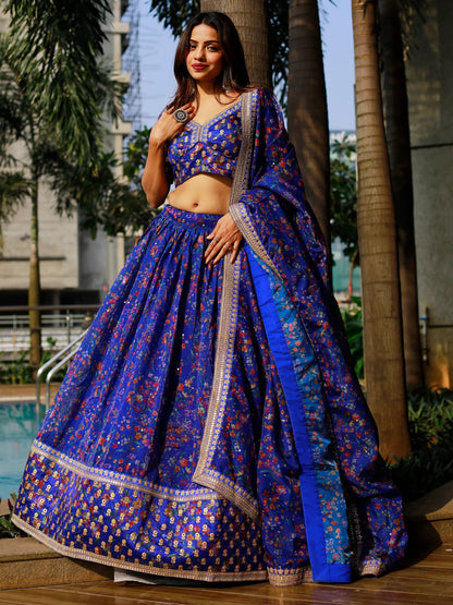 Adorable Royal Blue Floral Printed Organza Lehenga Choli With Dupatta - Zeel Clothing