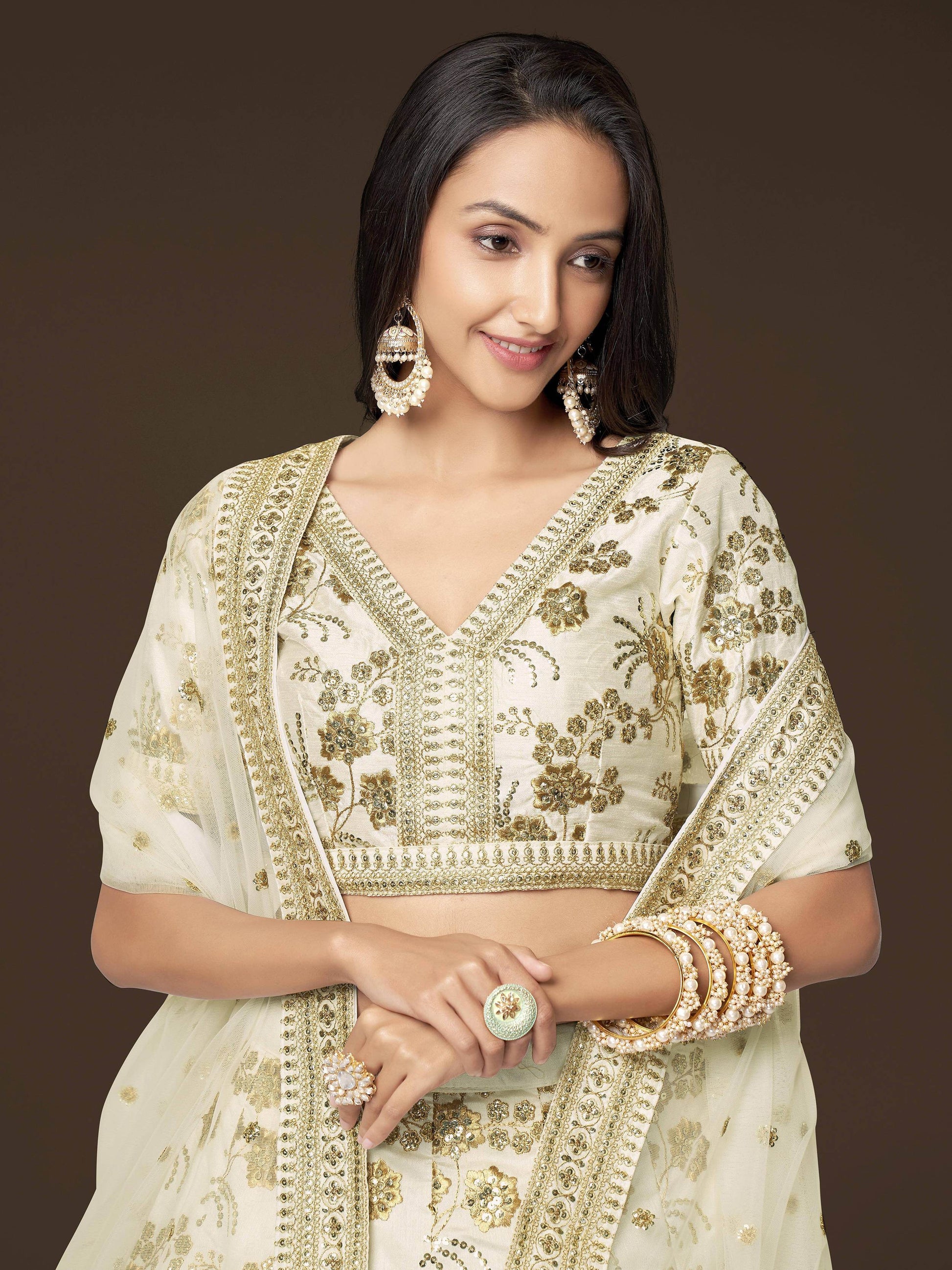 Adorable White Sequins Slub Silk Engagement Wear Lehenga Choli - Zeel Clothing