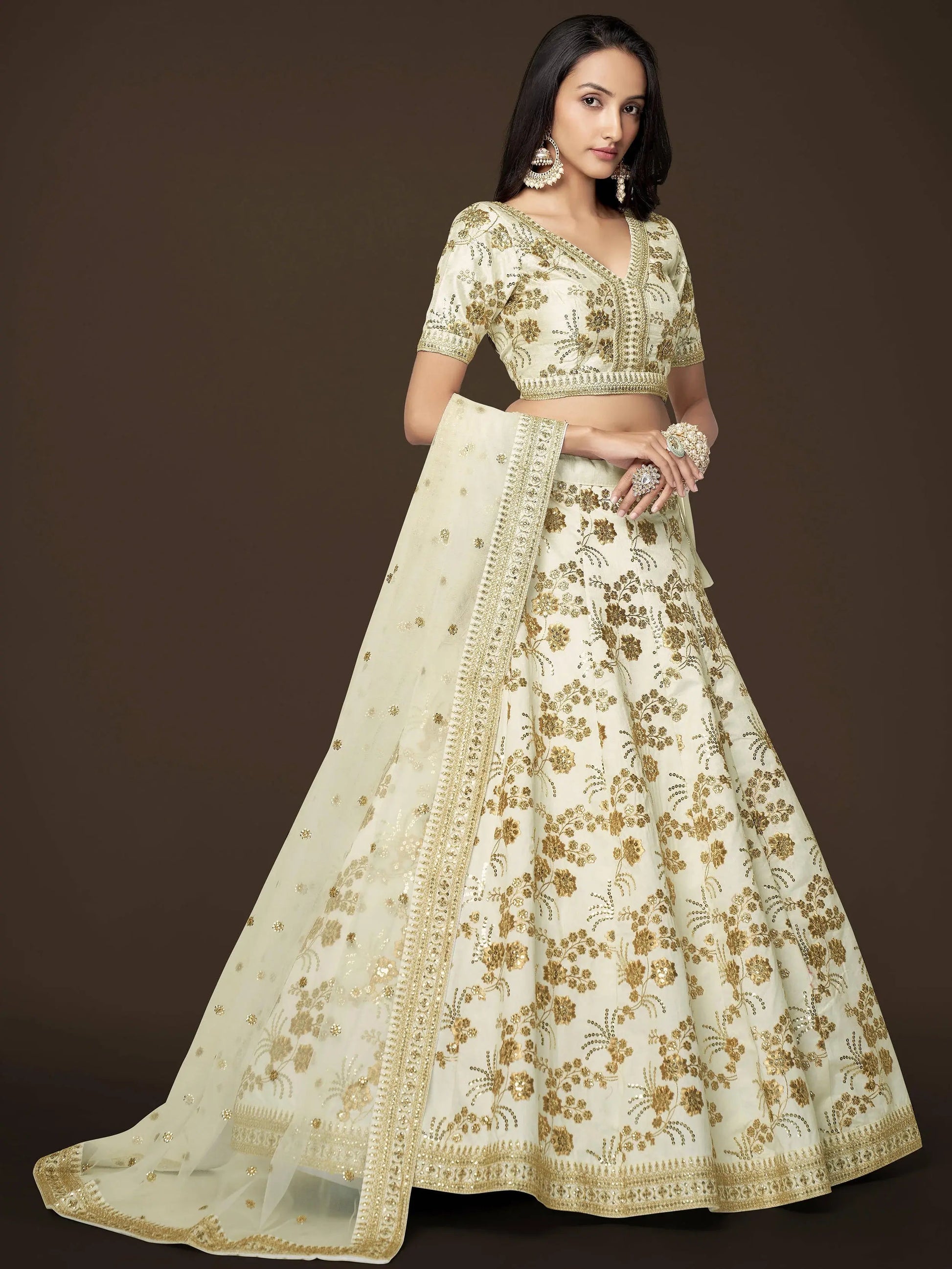 Adorable White Sequins Slub Silk Engagement Wear Lehenga Choli - Zeel Clothing