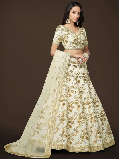 Adorable White Sequins Slub Silk Engagement Wear Lehenga Choli - Zeel Clothing
