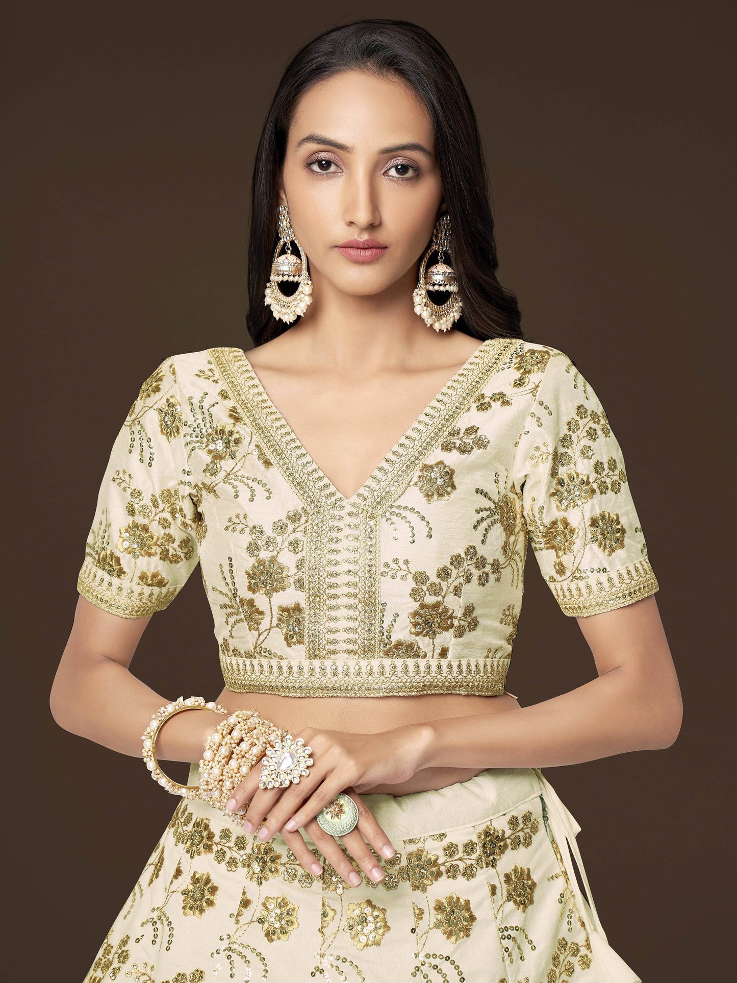 Adorable White Sequins Slub Silk Engagement Wear Lehenga Choli - Zeel Clothing