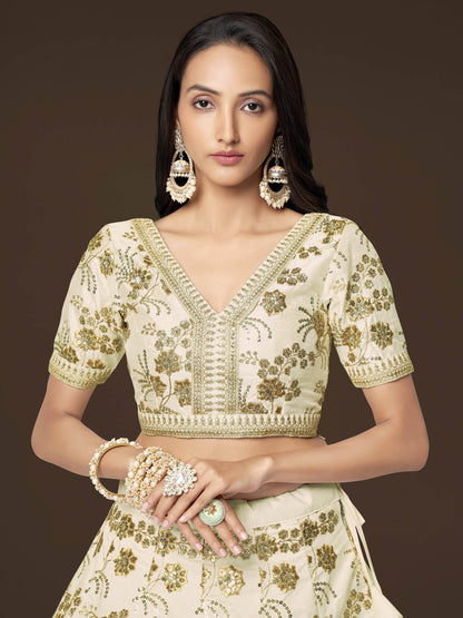 Adorable White Sequins Slub Silk Engagement Wear Lehenga Choli - Zeel Clothing