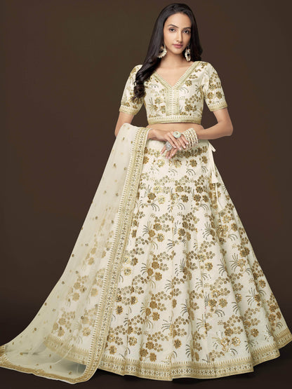Adorable White Sequins Slub Silk Engagement Wear Lehenga Choli - Zeel Clothing