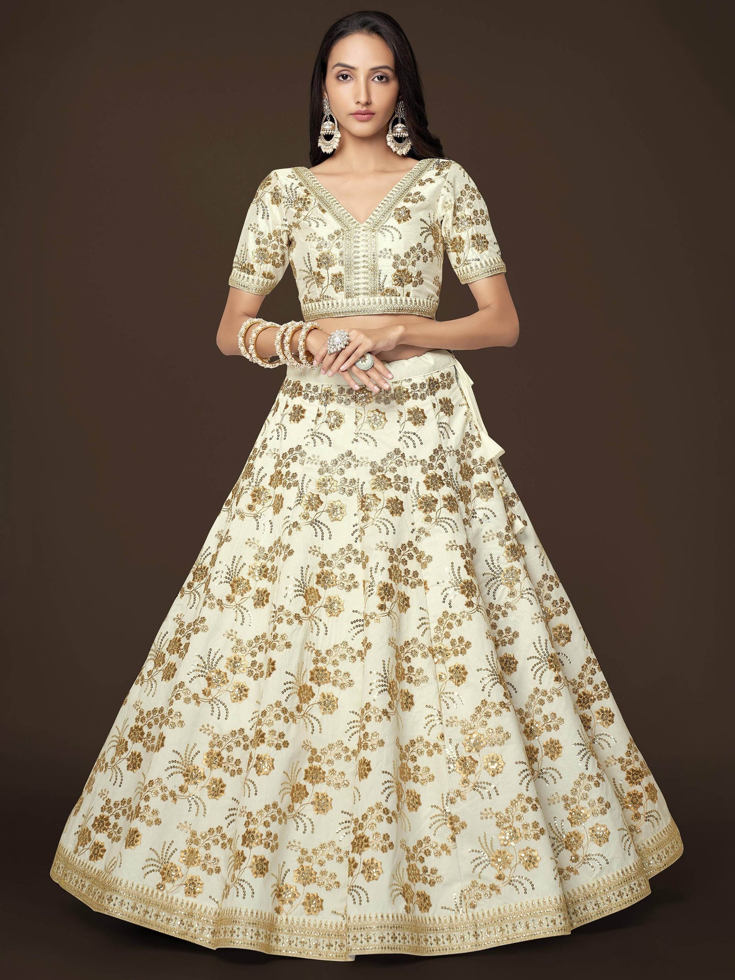 Adorable White Sequins Slub Silk Engagement Wear Lehenga Choli - Zeel Clothing