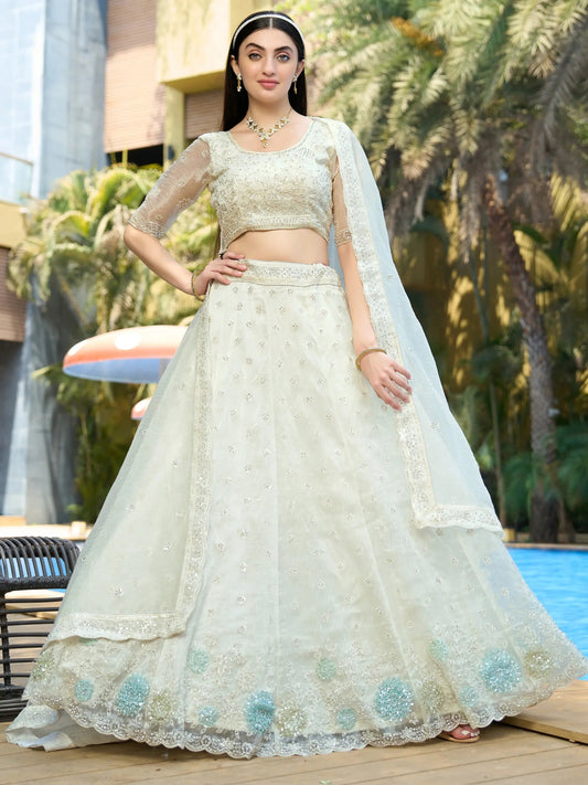 Adorable White Thread Work Organza Reception Wear Lehenga Choli - Zeel Clothing