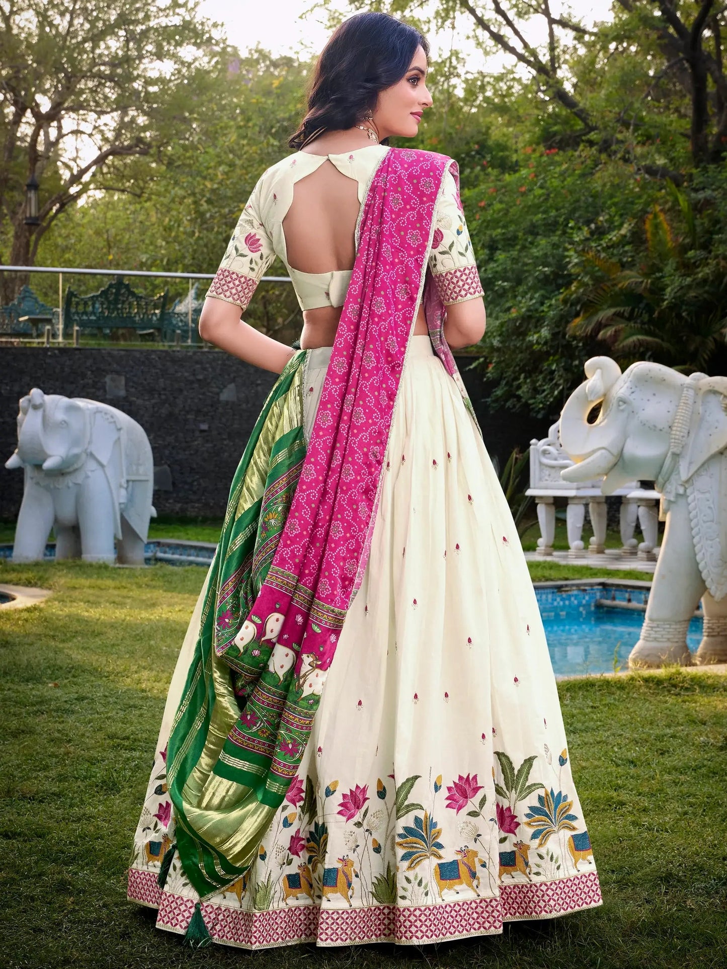Adoring Off-White Embroidered Cotton Traditional Lehenga Choli With Pink Dupatta - Zeel Clothing