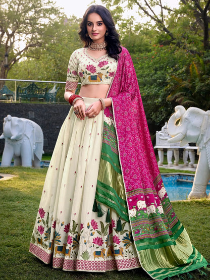 Adoring Off-White Embroidered Cotton Traditional Lehenga Choli With Pink Dupatta - Zeel Clothing
