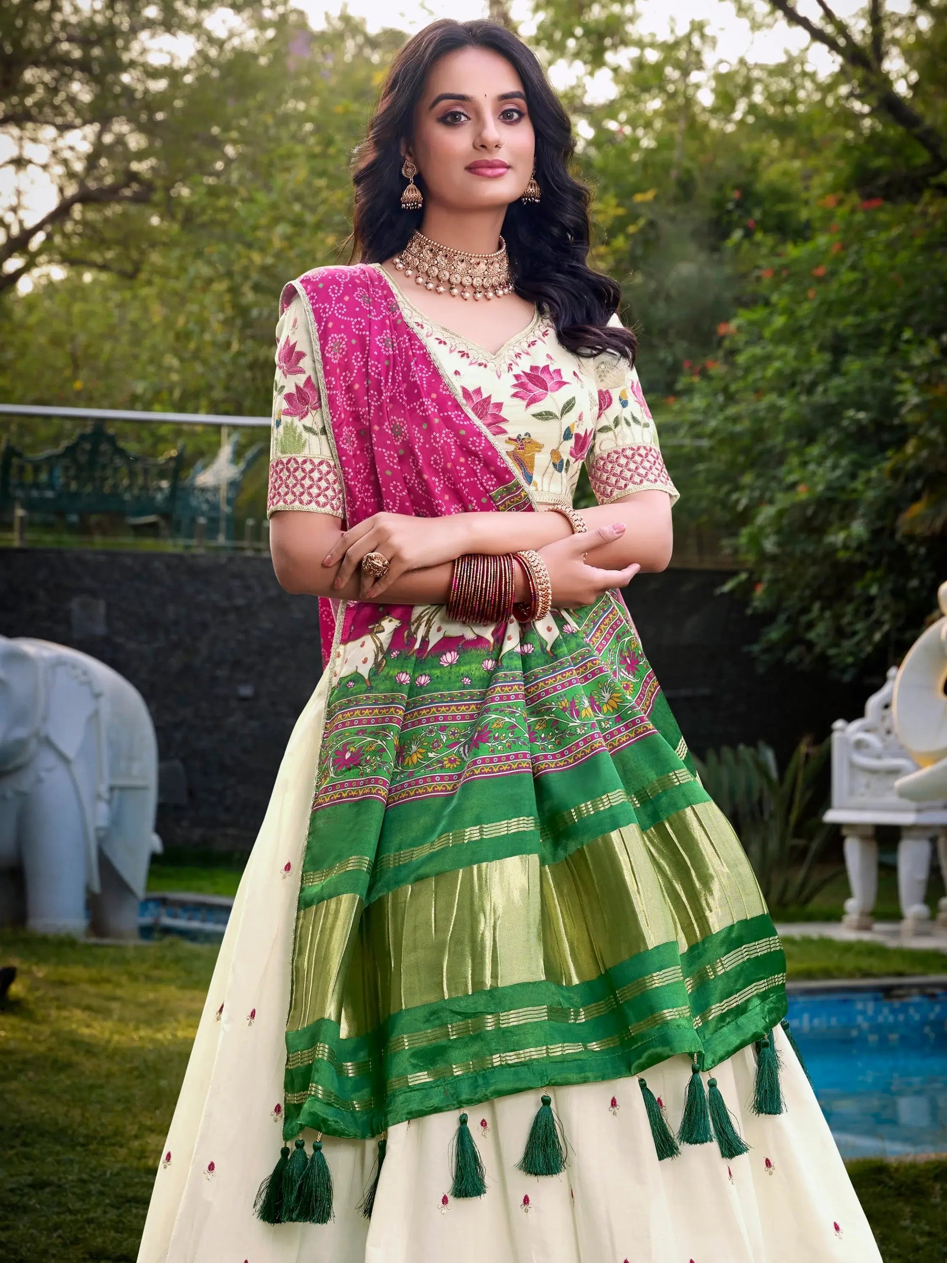 Adoring Off-White Embroidered Cotton Traditional Lehenga Choli With Pink Dupatta - Zeel Clothing