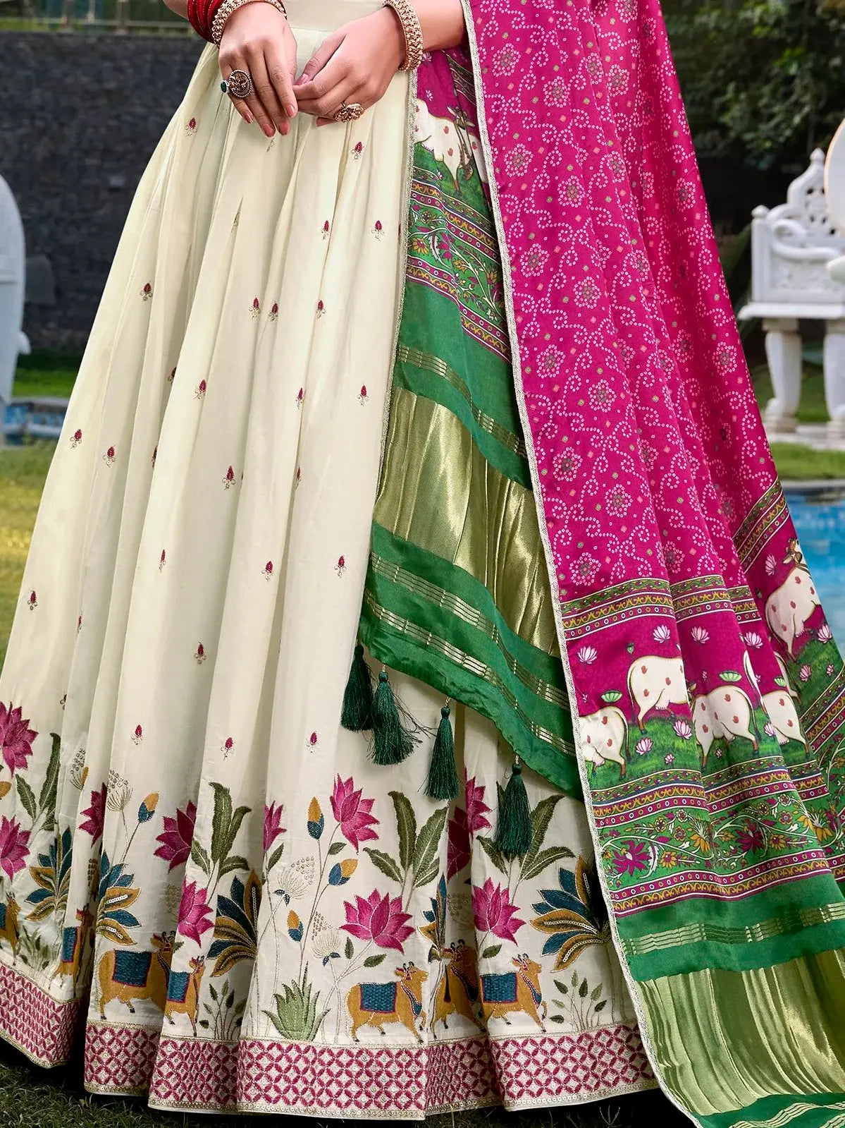 Adoring Off-White Embroidered Cotton Traditional Lehenga Choli With Pink Dupatta - Zeel Clothing