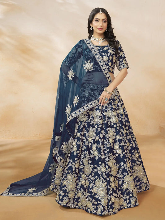 Aesthetic Navy Blue Dori Embroidered Silk Lehenga Choli With Dupatta - Zeel Clothing