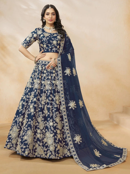 Aesthetic Navy Blue Dori Embroidered Silk Lehenga Choli With Dupatta - Zeel Clothing