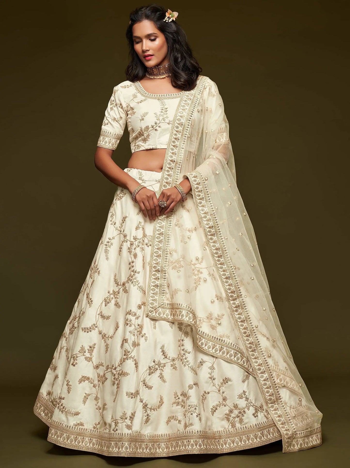 Agreeable White Thread Embroidery Art Silk Wedding Lehenga Choli - Zeel Clothing