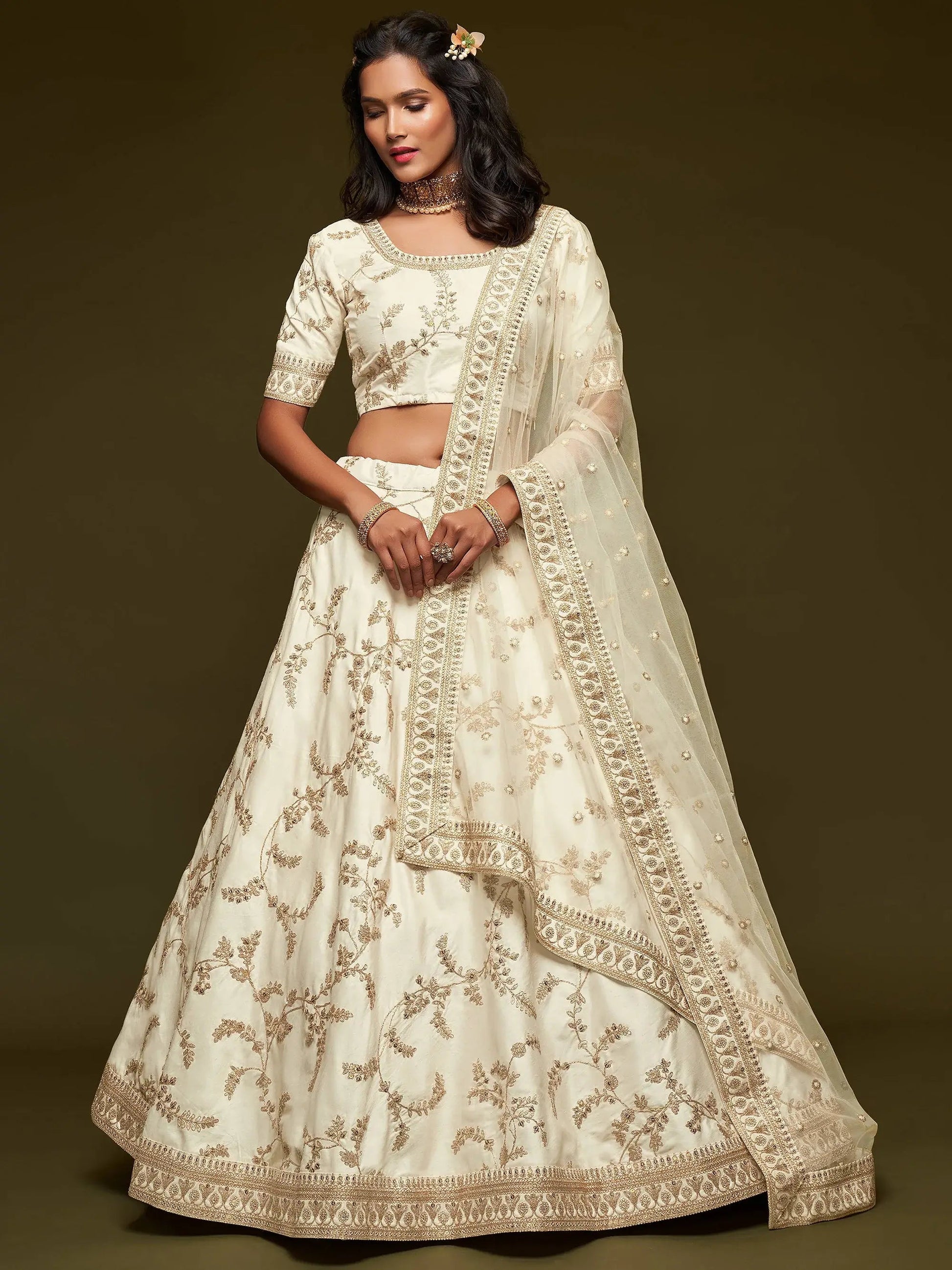 Agreeable White Thread Embroidery Art Silk Wedding Lehenga Choli - Zeel Clothing