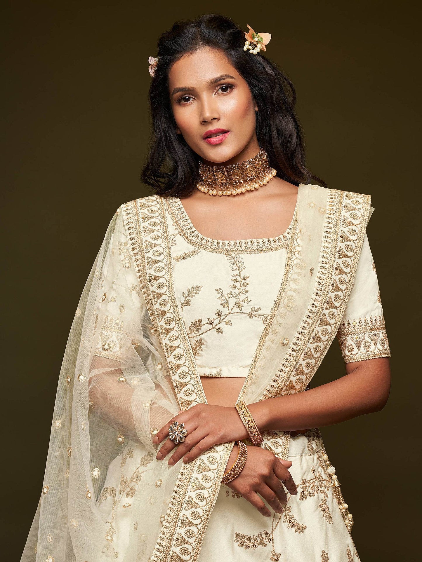 Agreeable White Thread Embroidery Art Silk Wedding Lehenga Choli - Zeel Clothing