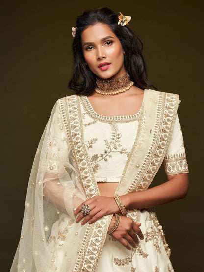 Agreeable White Thread Embroidery Art Silk Wedding Lehenga Choli - Zeel Clothing