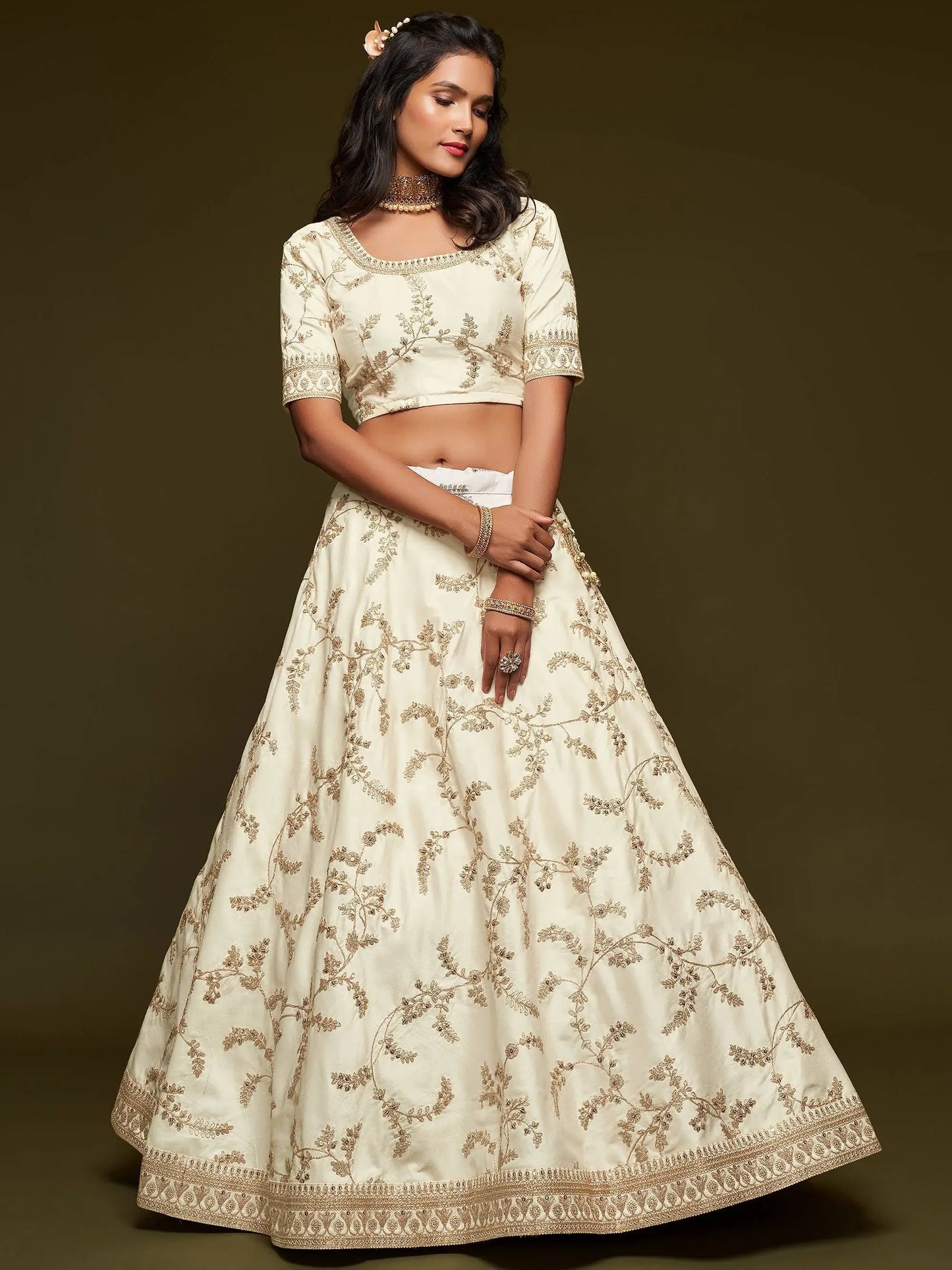 Agreeable White Thread Embroidery Art Silk Wedding Lehenga Choli - Zeel Clothing