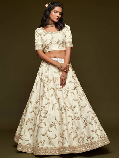 Agreeable White Thread Embroidery Art Silk Wedding Lehenga Choli - Zeel Clothing