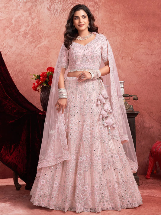 Alluring Baby Pink Sequins Net Bridesmaid Lehenga Choli With Dupatta - Zeel Clothing