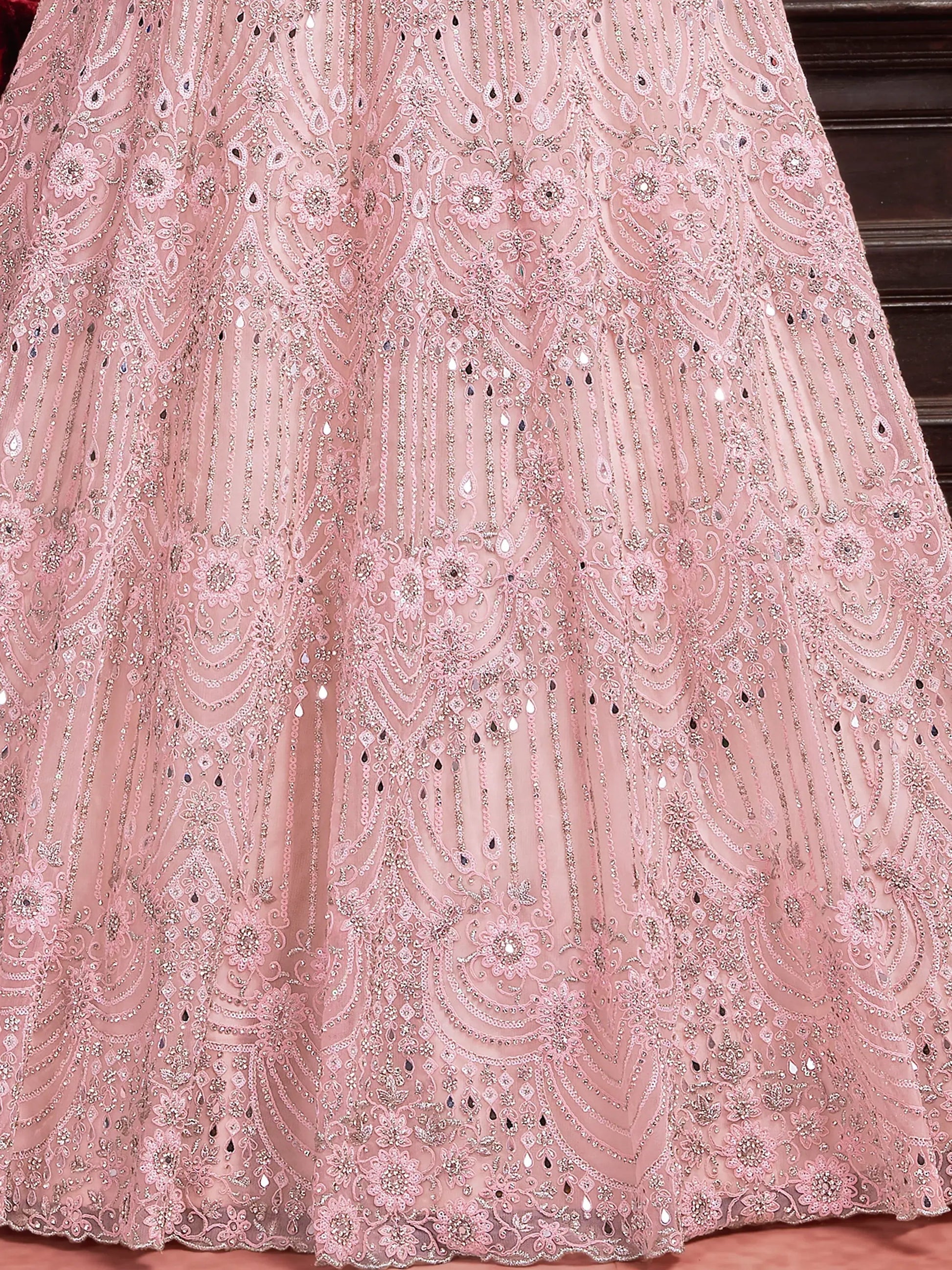 Alluring Baby Pink Sequins Net Bridesmaid Lehenga Choli With Dupatta - Zeel Clothing