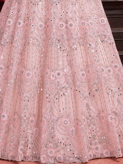 Alluring Baby Pink Sequins Net Bridesmaid Lehenga Choli With Dupatta - Zeel Clothing
