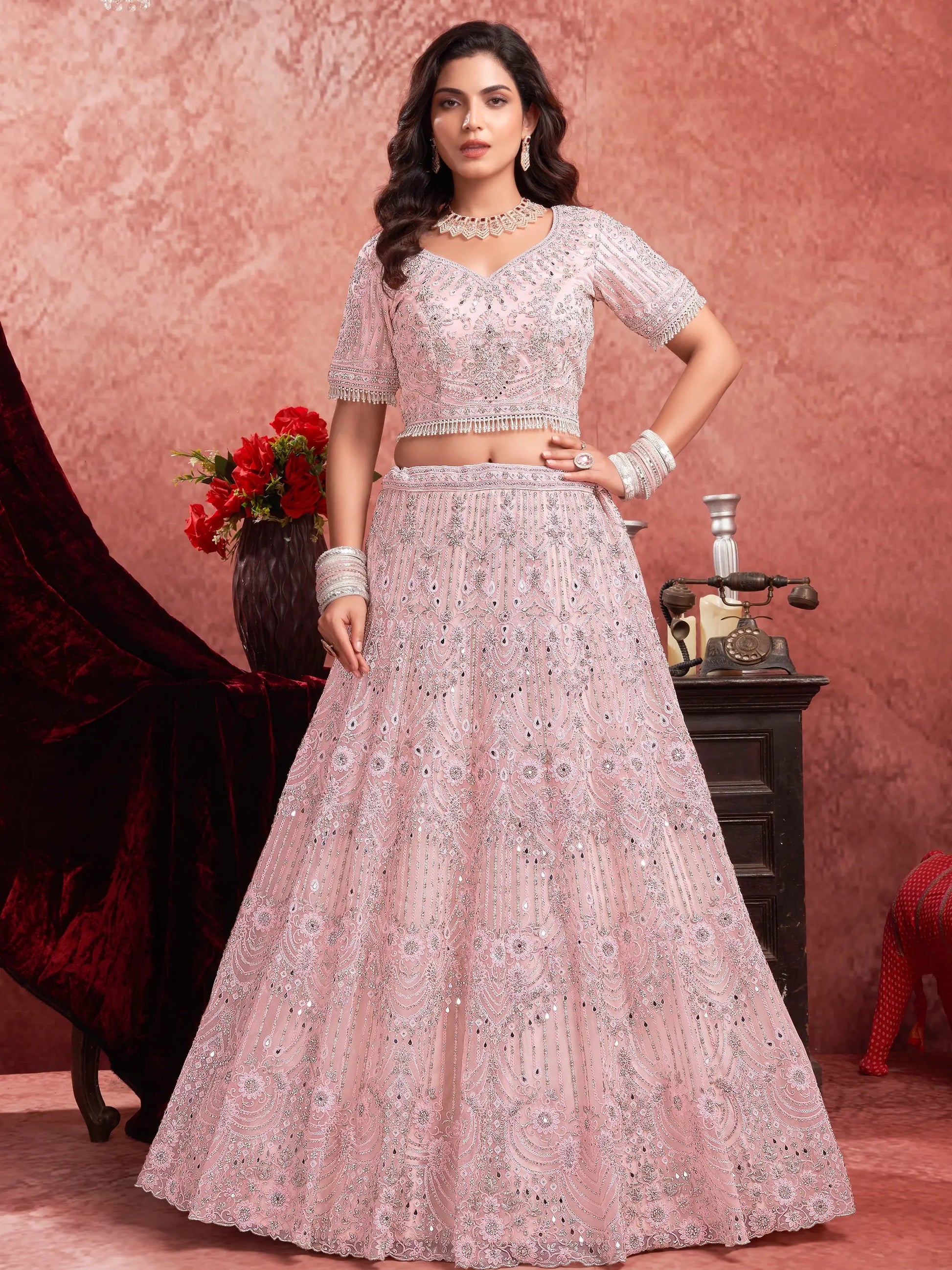 Alluring Baby Pink Sequins Net Bridesmaid Lehenga Choli With Dupatta - Zeel Clothing