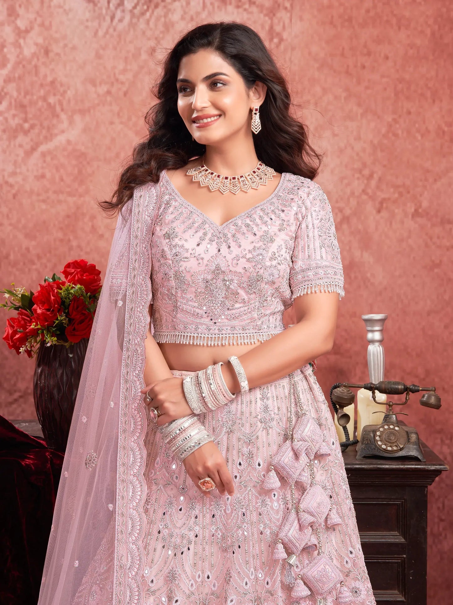 Alluring Baby Pink Sequins Net Bridesmaid Lehenga Choli With Dupatta - Zeel Clothing