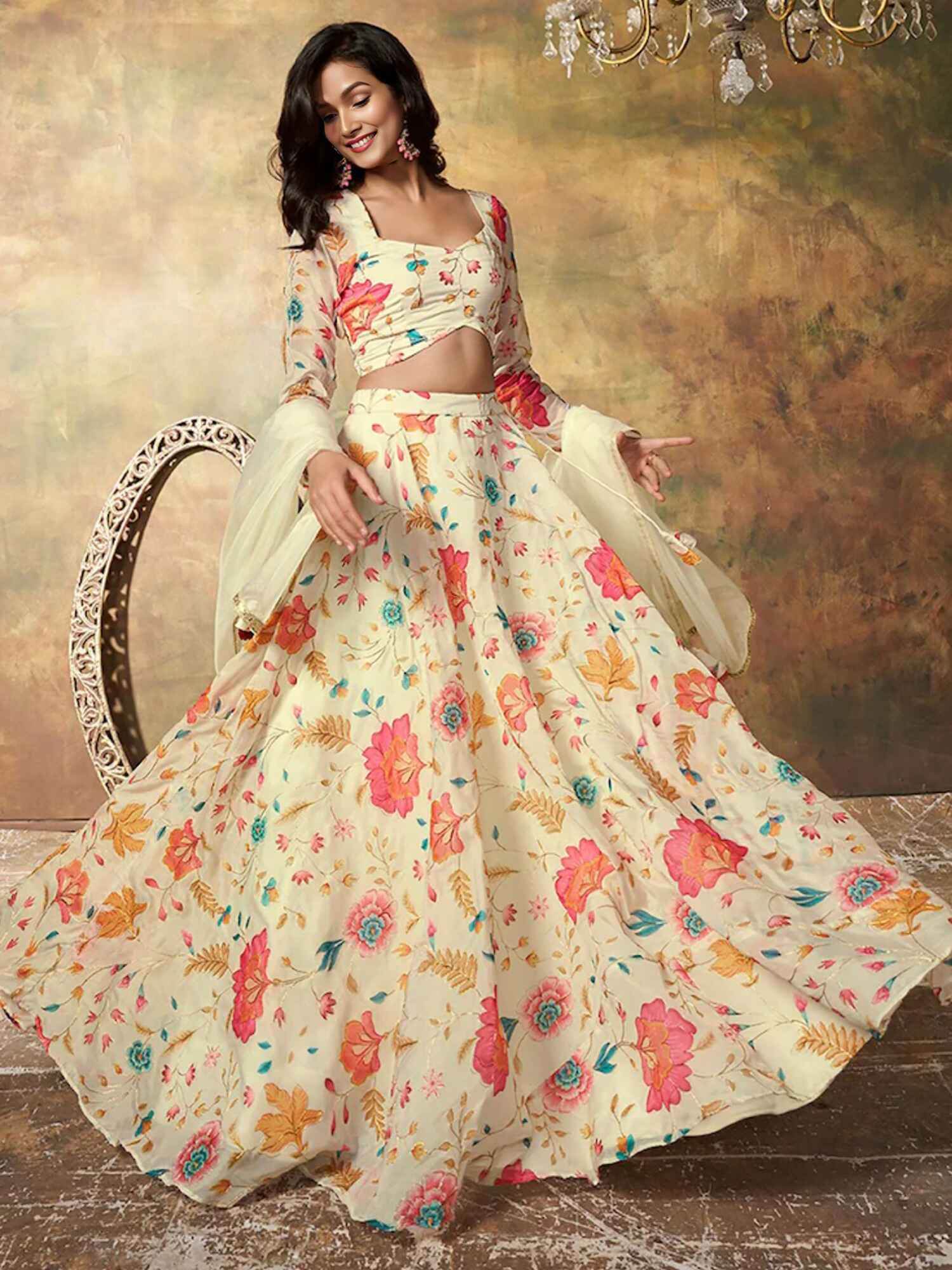 Alluring Beige Floral Printed Organza Reception Wear Lehenga Choli - Zeel Clothing