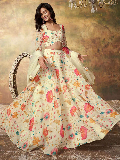 Alluring Beige Floral Printed Organza Reception Wear Lehenga Choli - Zeel Clothing