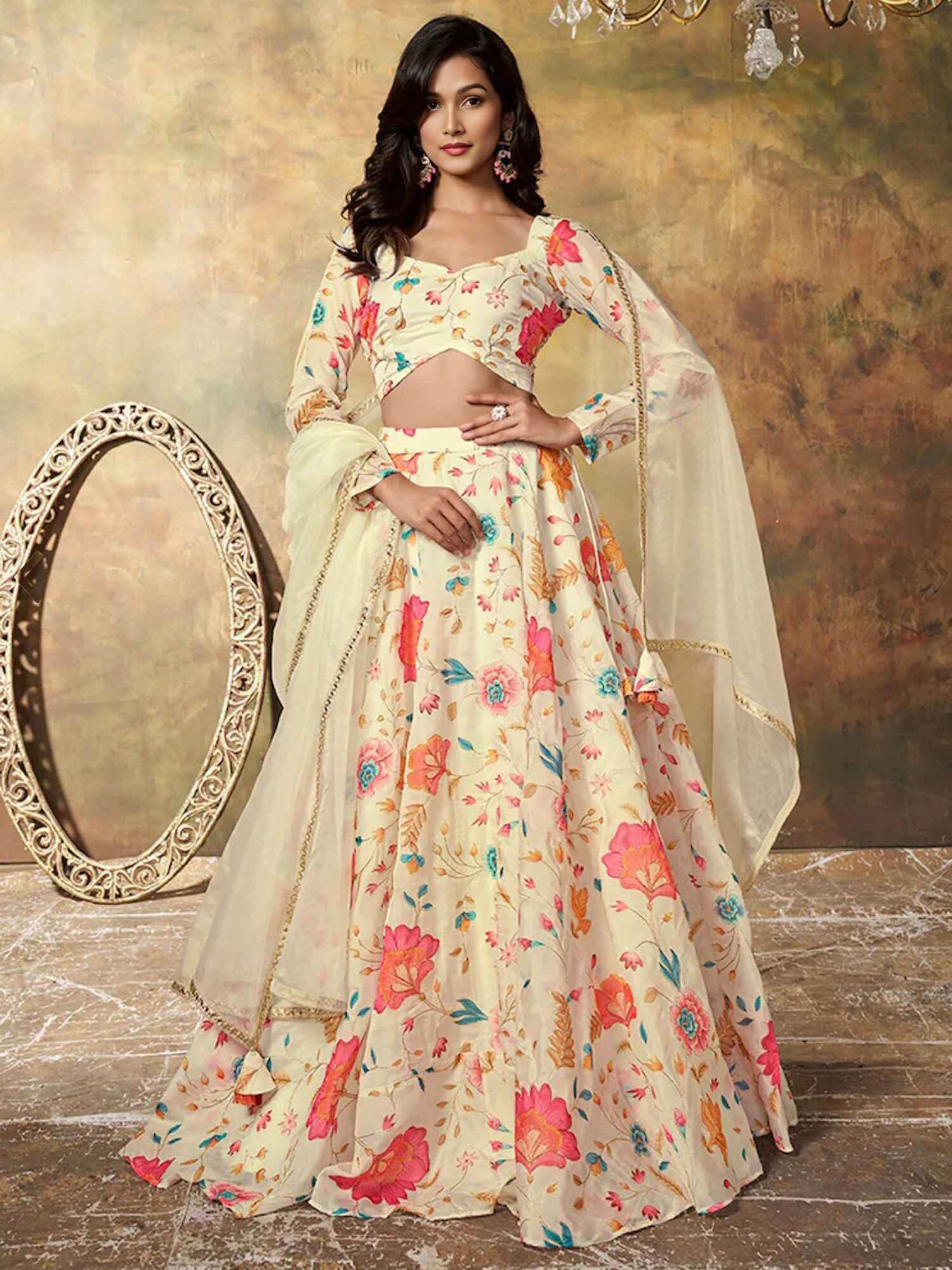 Alluring Beige Floral Printed Organza Reception Wear Lehenga Choli - Zeel Clothing