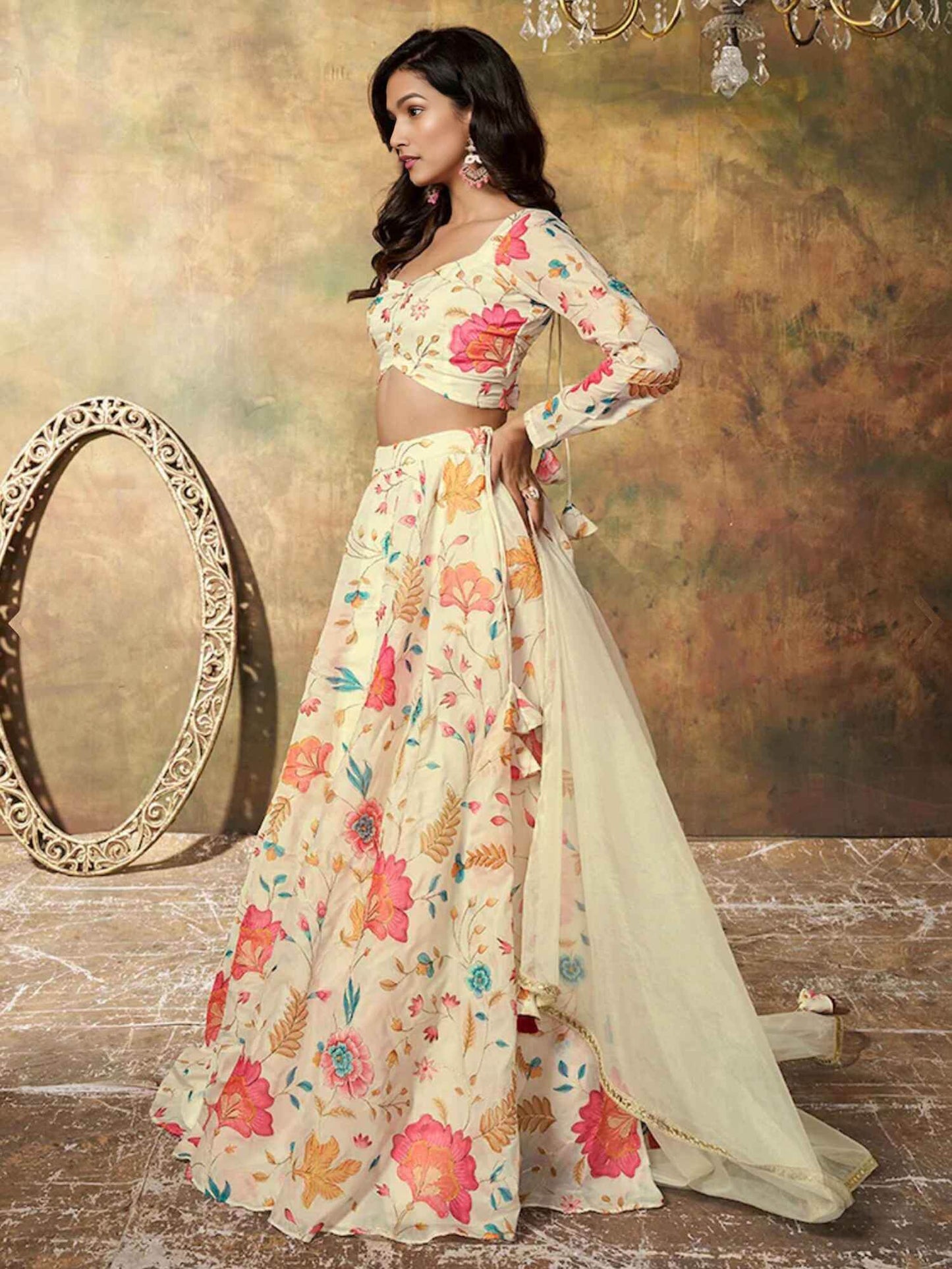 Alluring Beige Floral Printed Organza Reception Wear Lehenga Choli - Zeel Clothing