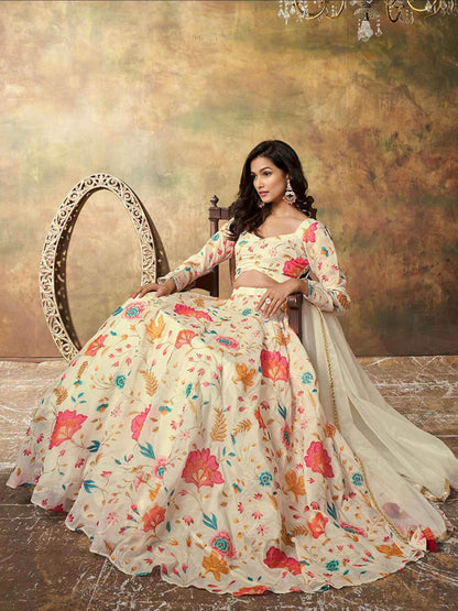 Alluring Beige Floral Printed Organza Reception Wear Lehenga Choli - Zeel Clothing
