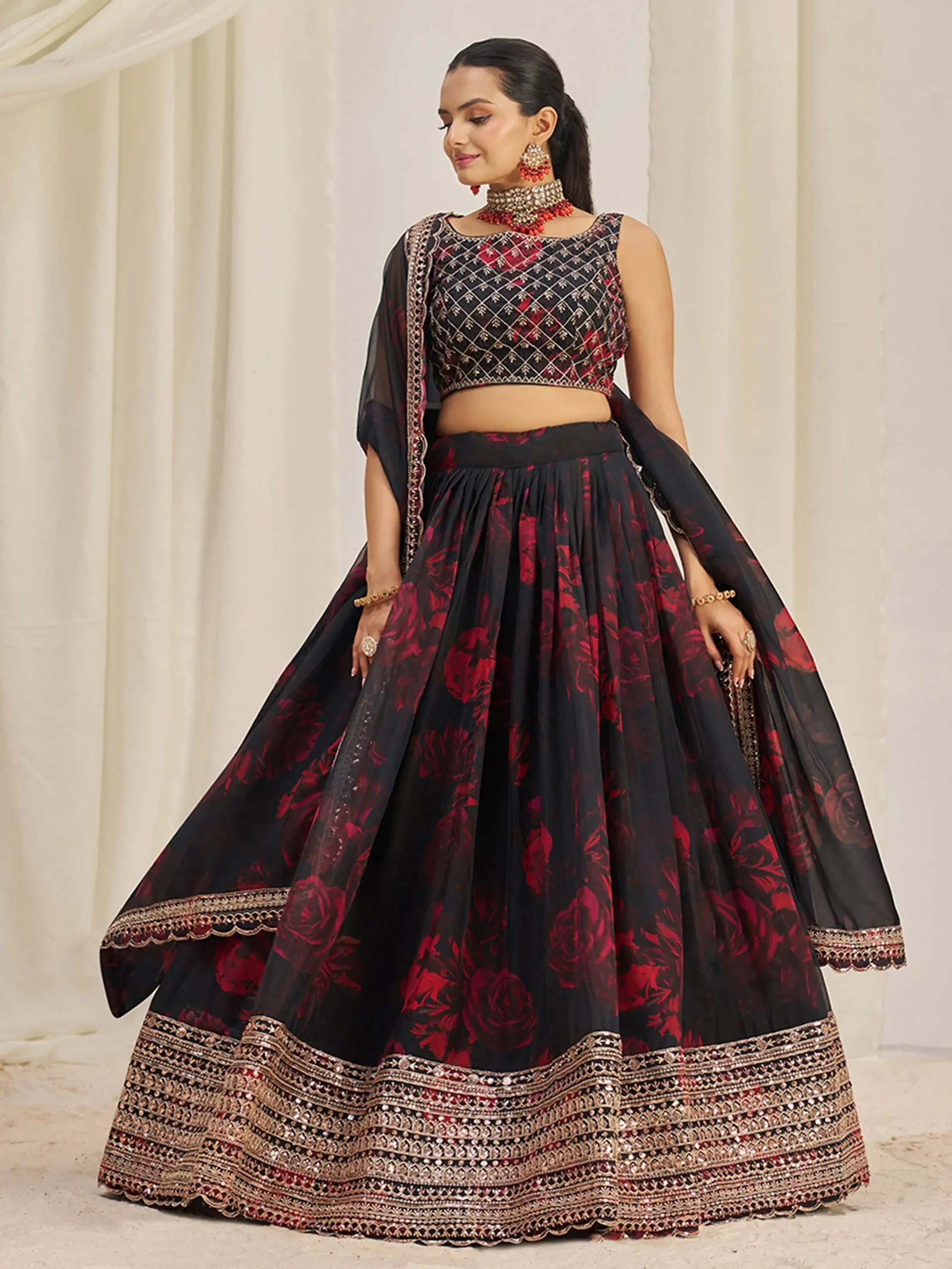 Alluring Black Sequins Organza Lehenga Choli With Dupatta - Zeel Clothing