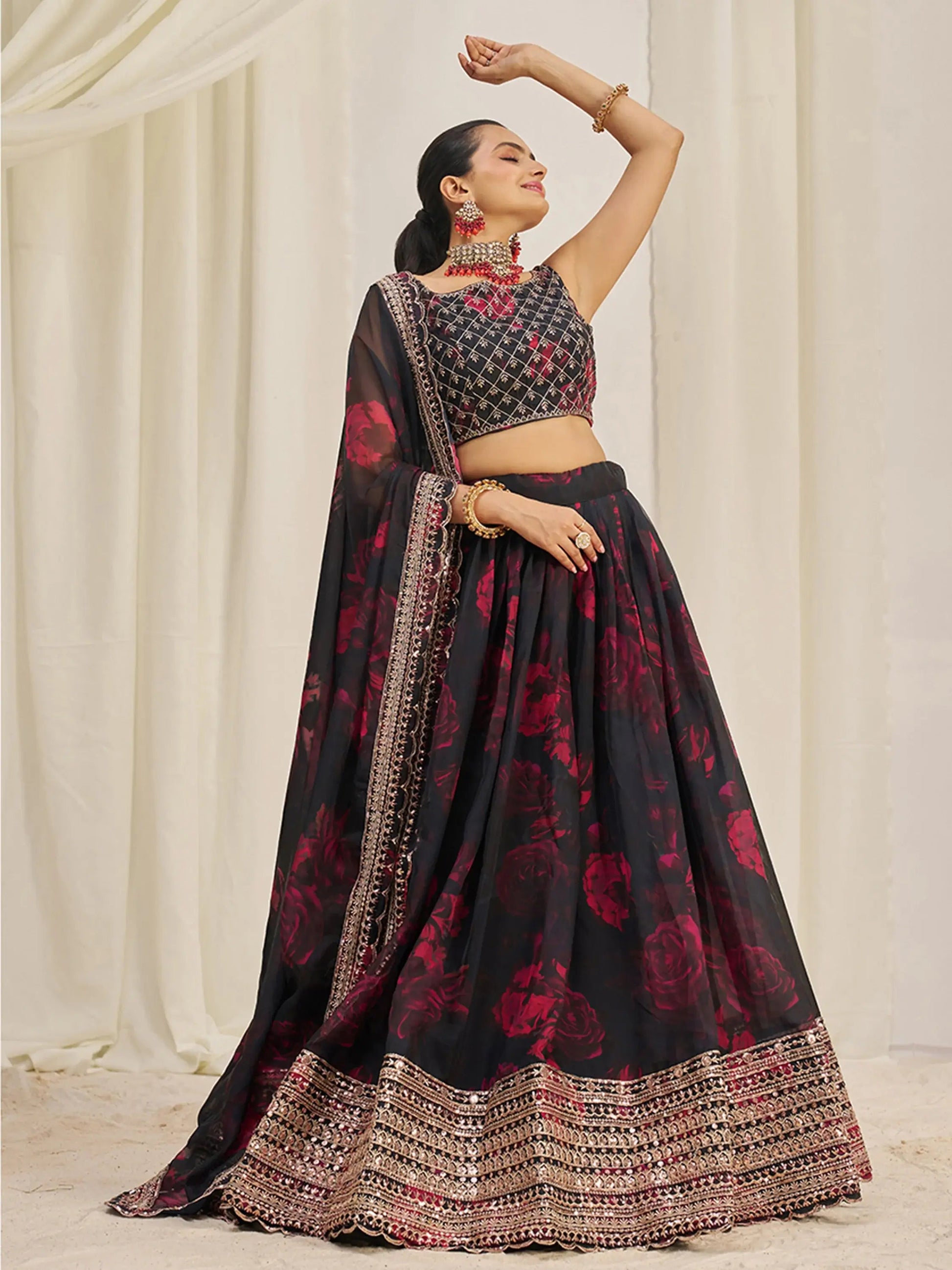 Alluring Black Sequins Organza Lehenga Choli With Dupatta - Zeel Clothing