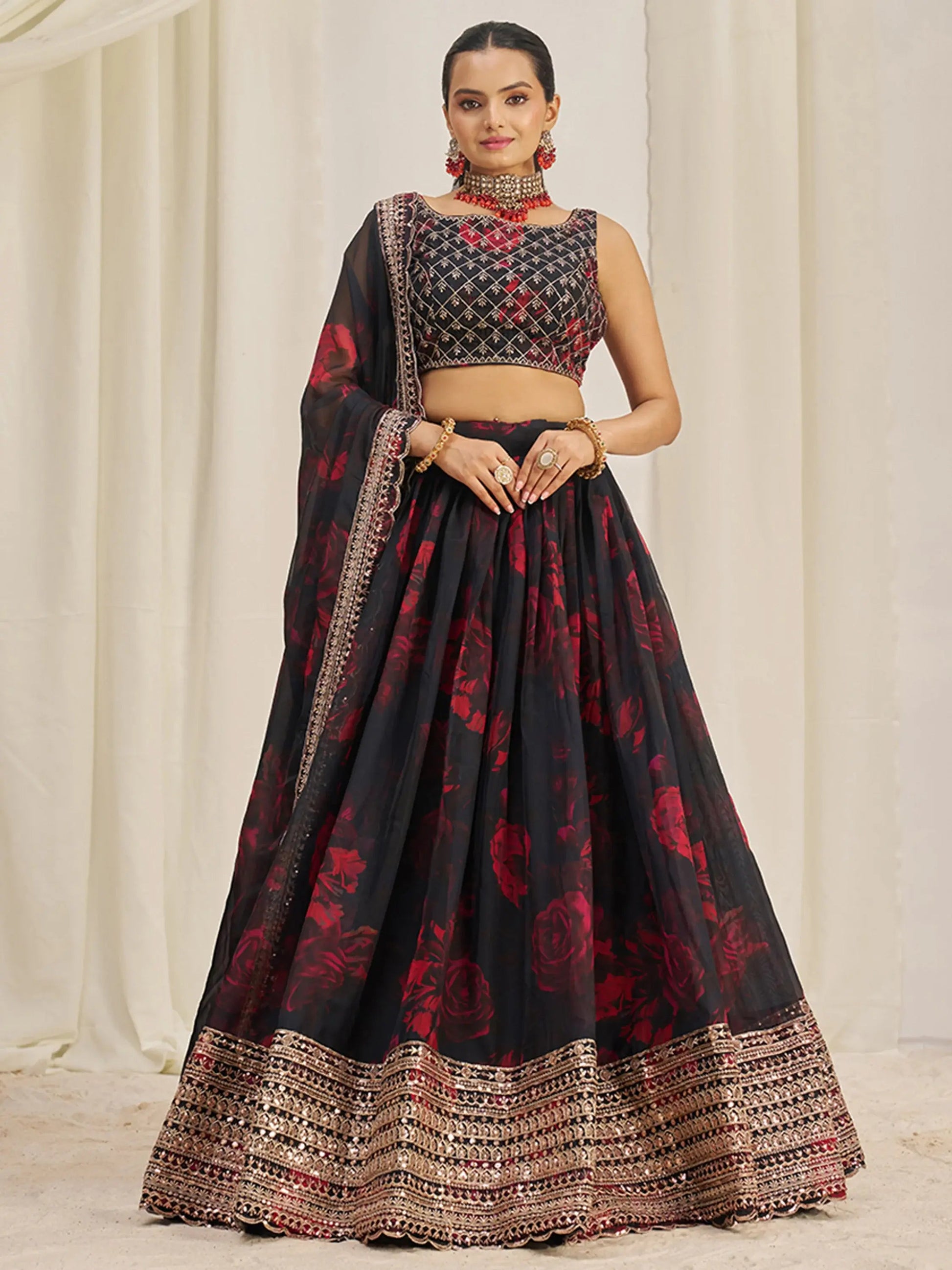 Alluring Black Sequins Organza Lehenga Choli With Dupatta - Zeel Clothing