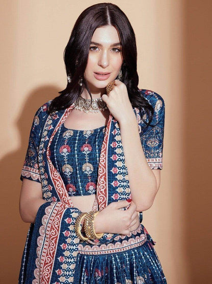 Alluring Blue Digital Print Chinon Engagement Wear Lehenga Choli - Zeel Clothing