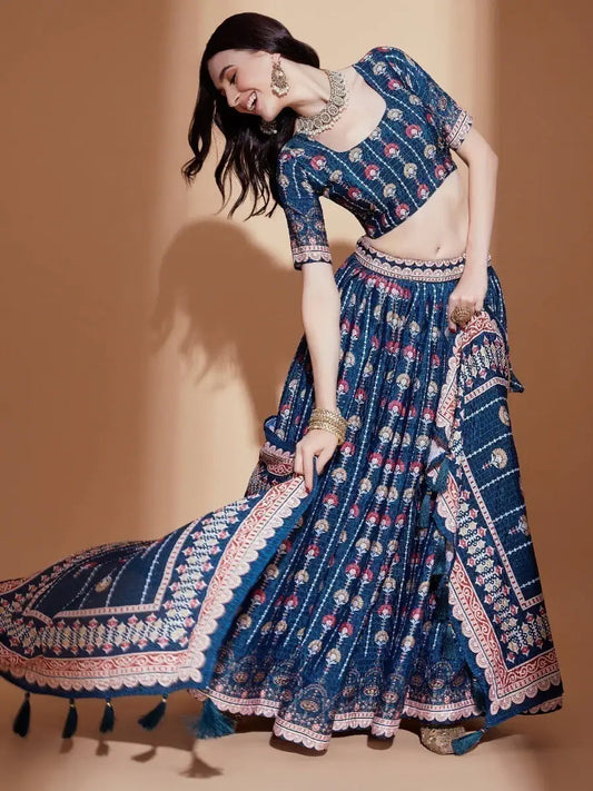 Alluring Blue Digital Print Chinon Engagement Wear Lehenga Choli - Zeel Clothing