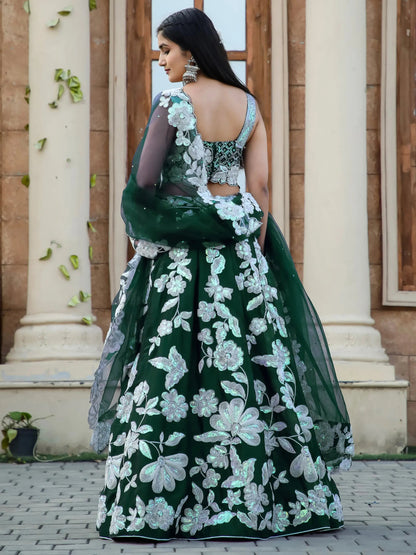 Alluring Bottle Green Dori Work Georgette Lehenga Choli With Dupatta - Zeel Clothing